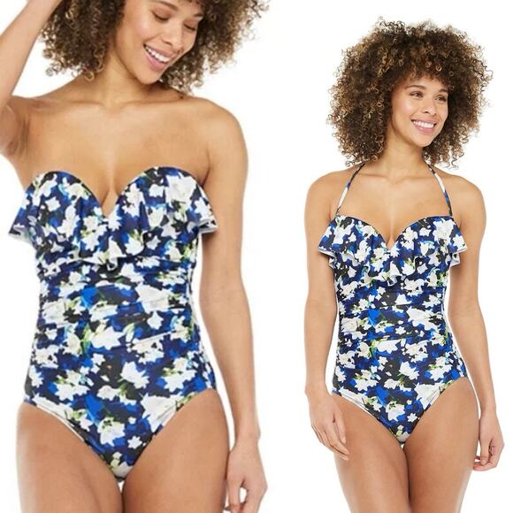 NWT Nicole Miller Floral Ruffle Swimsuit Convertible Strapless Bandeau S - Picture 1 of 8